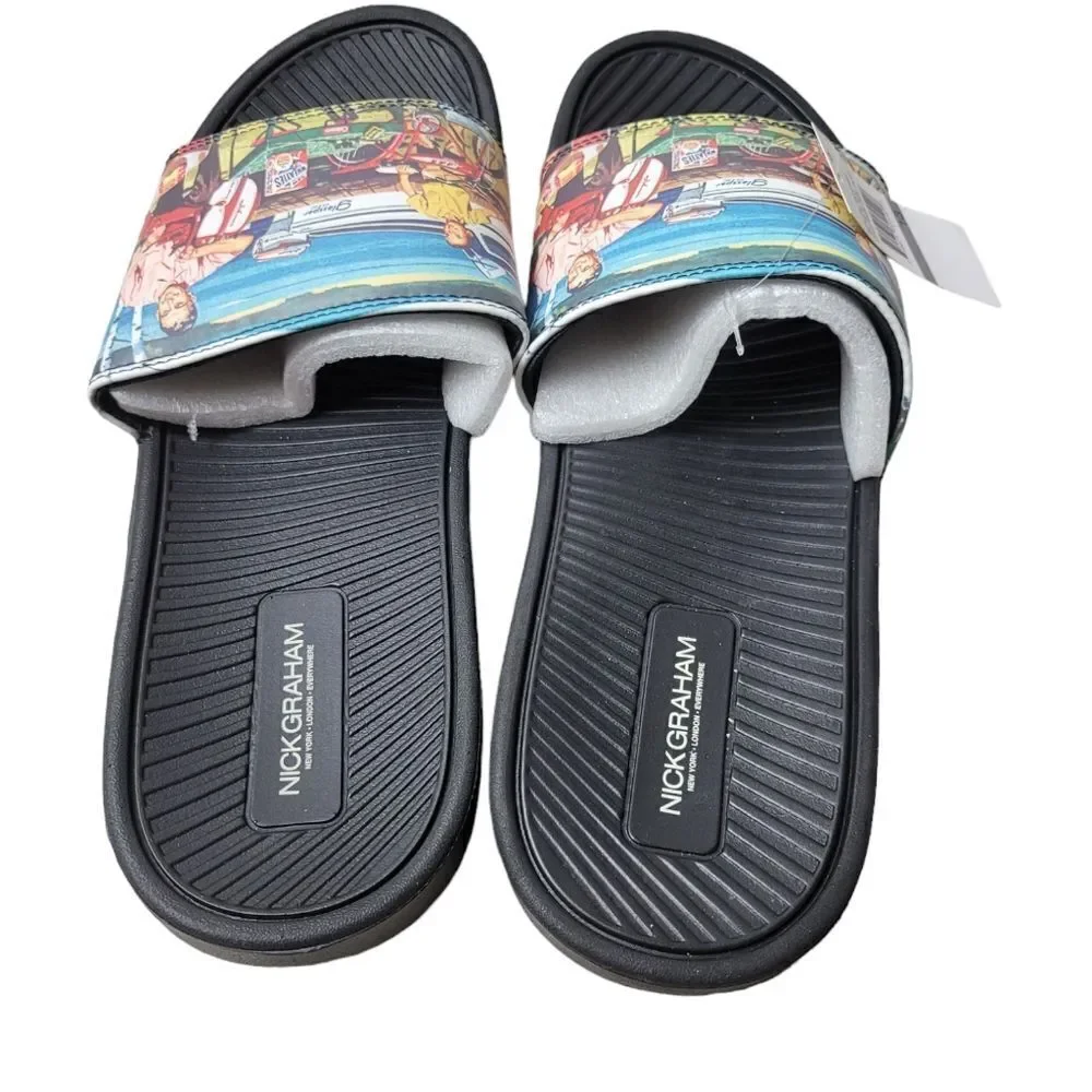 Nick Graham Dane Happy Men's Slide Sandals Size 8 Beach Print Father Day Deal